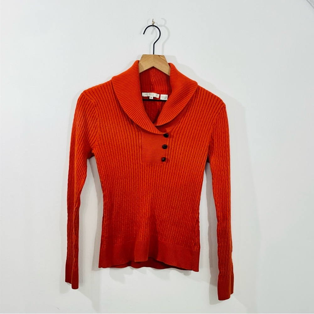Pria Orange Ribbed Long Sleeve Collared With Button Neck 100% Cotton Cozy Comfy